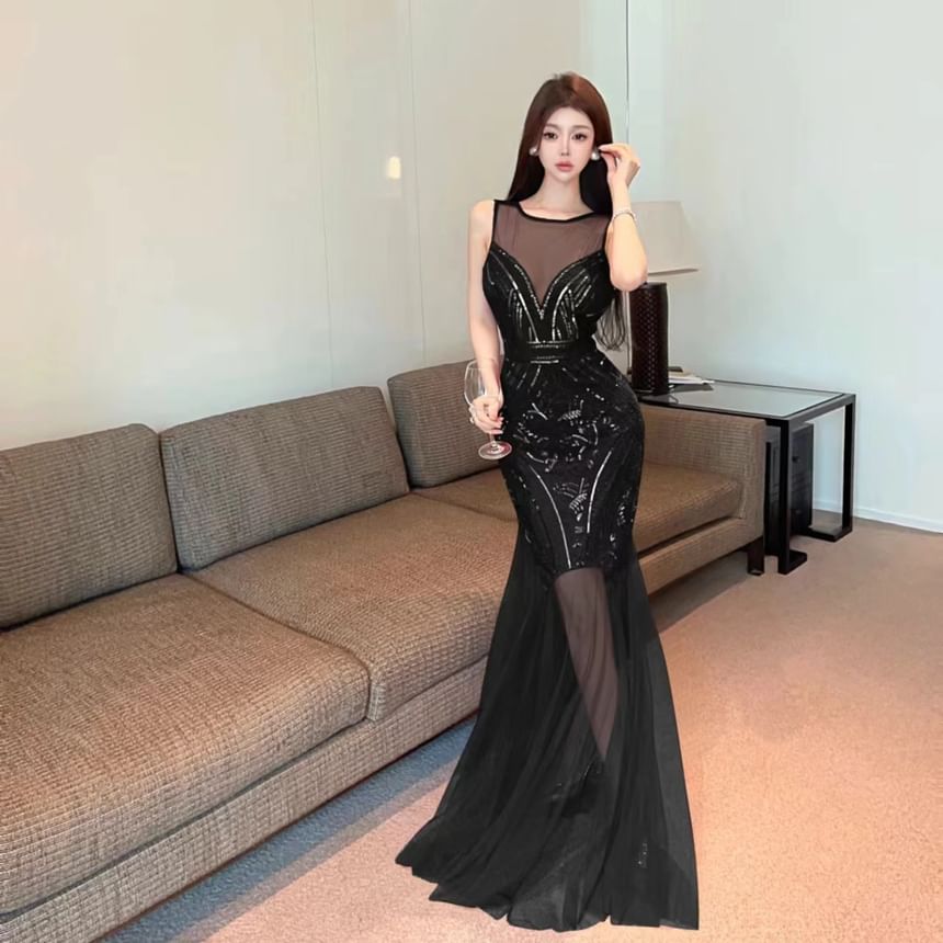 Open Panel Back Gown Sleeveless Sheer Sequin Mermaid Crew Evening Neck