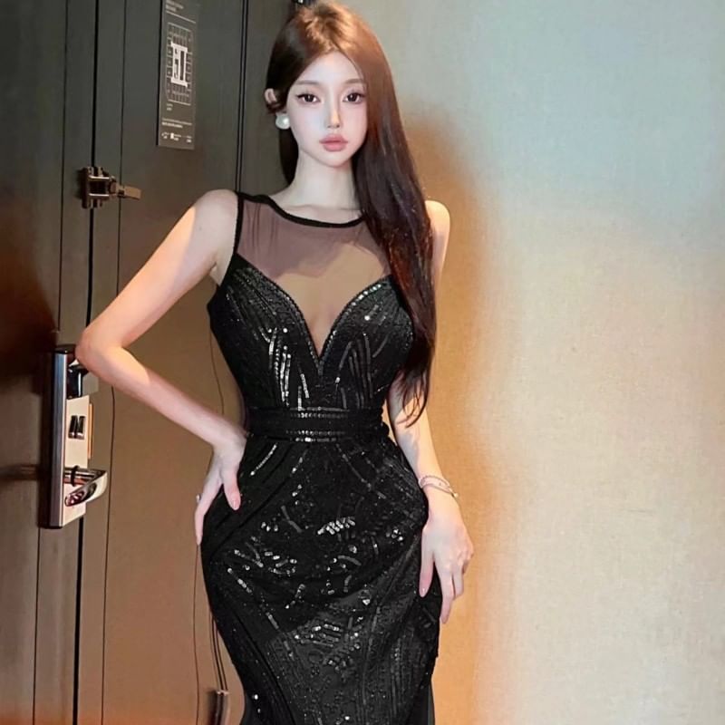 Open Panel Back Gown Sleeveless Sheer Sequin Mermaid Crew Evening Neck