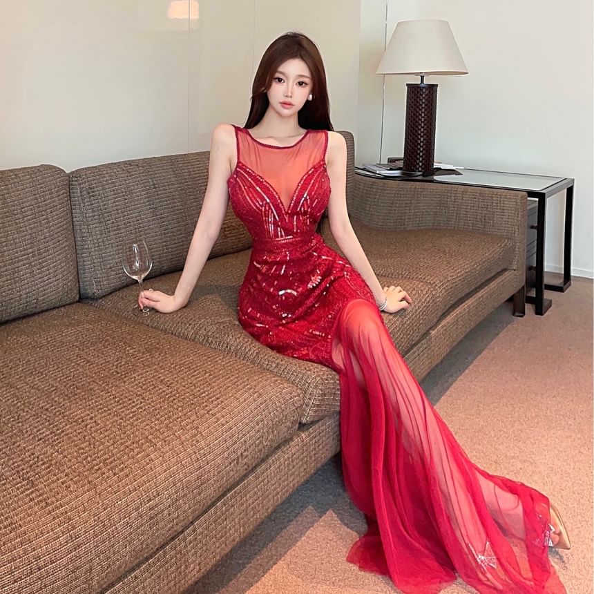 Open Panel Back Gown Sleeveless Sheer Sequin Mermaid Crew Evening Neck