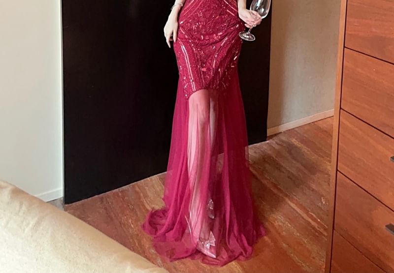 Open Panel Back Gown Sleeveless Sheer Sequin Mermaid Crew Evening Neck