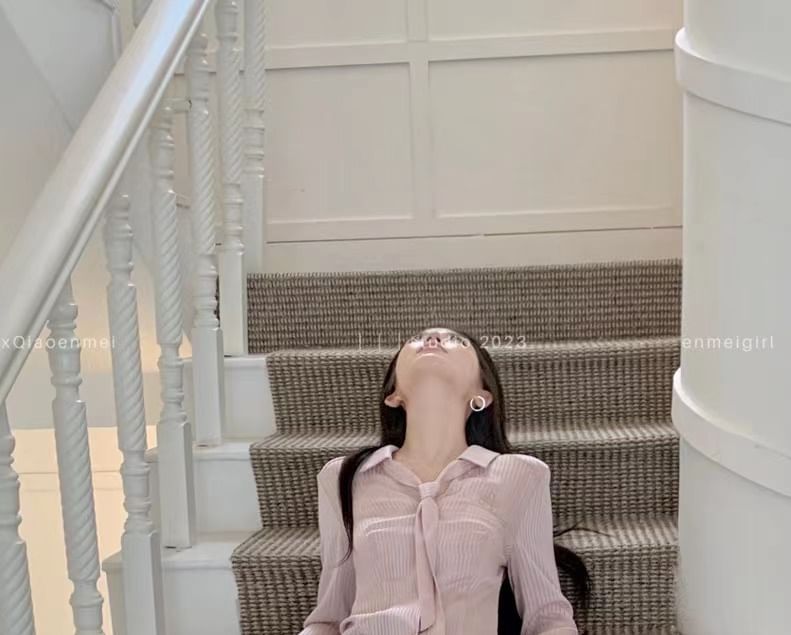 A-Line Striped Plain Long Skort Sleeve Shirt Waist V-Neck Collared Belt Mini Pleated High / Set