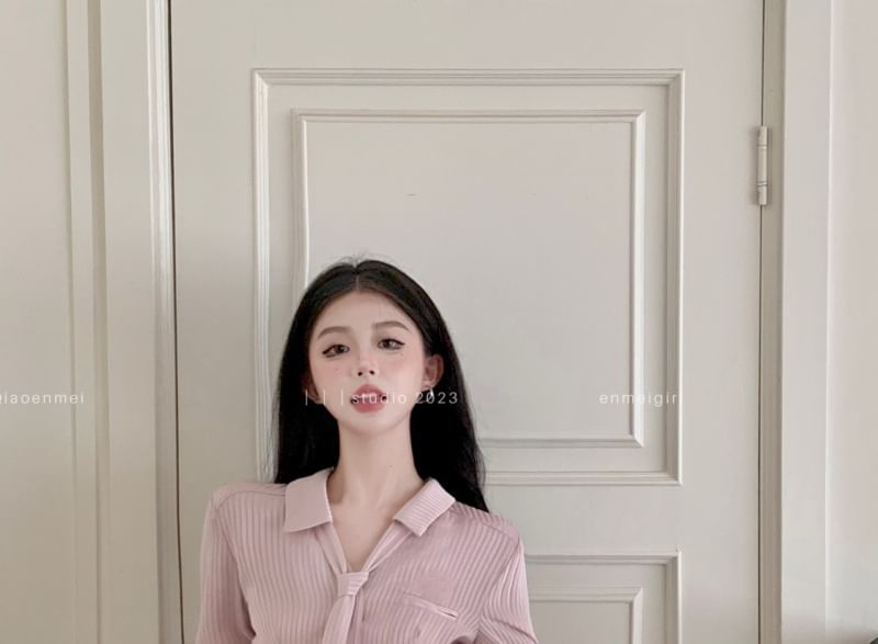 A-Line Striped Plain Long Skort Sleeve Shirt Waist V-Neck Collared Belt Mini Pleated High / Set