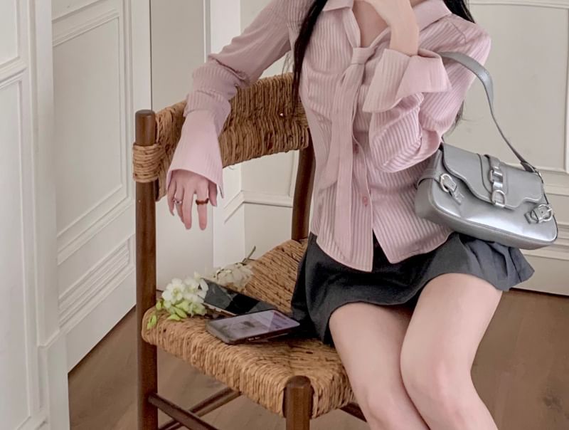 A-Line Striped Plain Long Skort Sleeve Shirt Waist V-Neck Collared Belt Mini Pleated High / Set