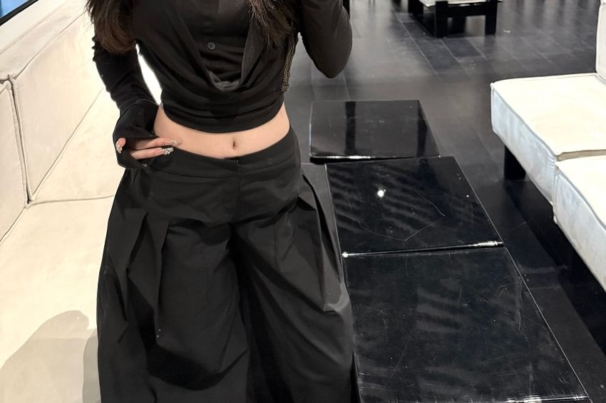 Leg / Collar Long-Sleeve Wide Inverted Plain Pleated Pants Low Rise Cropped Tee