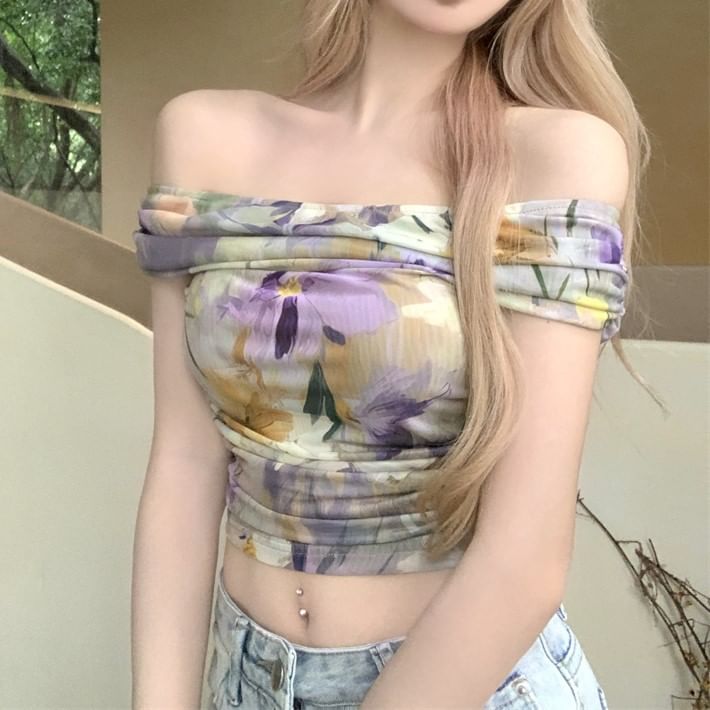 Ruched Cropped Off-Shoulder Tee Short-Sleeve Floral