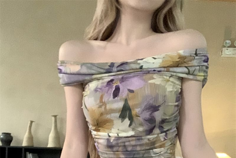 Ruched Cropped Off-Shoulder Tee Short-Sleeve Floral
