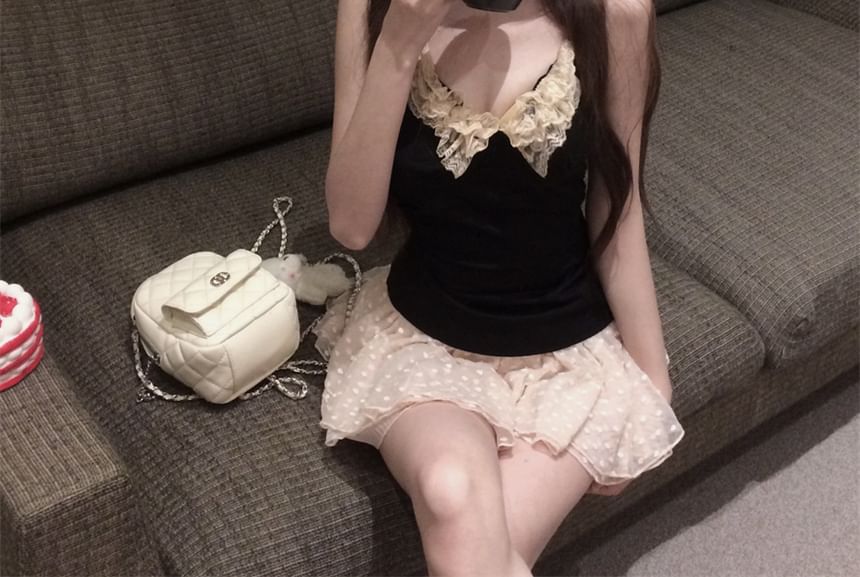 / Trim Plain Neck Asymmetrical Lace Top Mid Mini Halter Rise Skirt A-Line Dotted Scoop