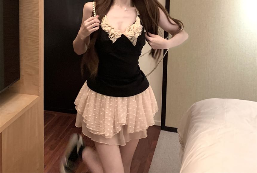 / Trim Plain Neck Asymmetrical Lace Top Mid Mini Halter Rise Skirt A-Line Dotted Scoop