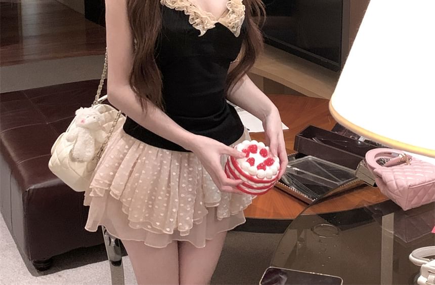 / Trim Plain Neck Asymmetrical Lace Top Mid Mini Halter Rise Skirt A-Line Dotted Scoop