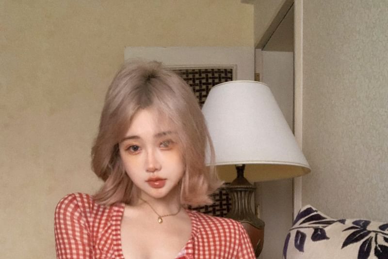 Gingham Top Mesh Crop Button-Up Long-Sleeve