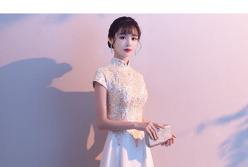 Stand Short-Sleeve Lace Gown A-Line Evening Collar