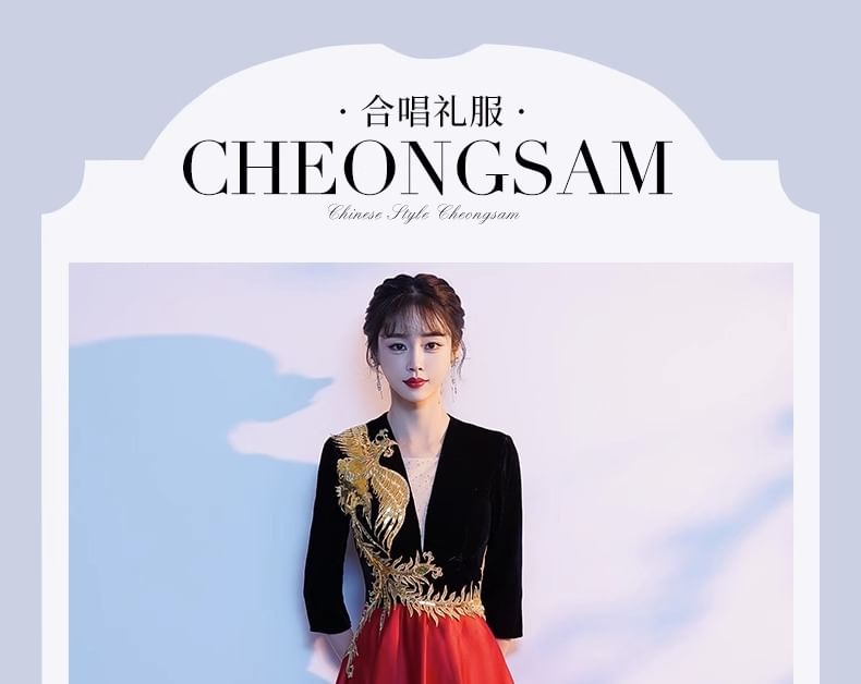 Embroidered A-Line 3/4-Sleeve Gown Evening V-Neck