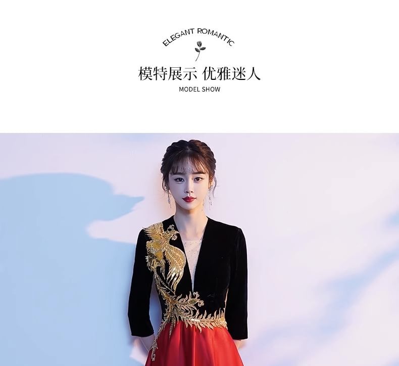 Embroidered A-Line 3/4-Sleeve Gown Evening V-Neck