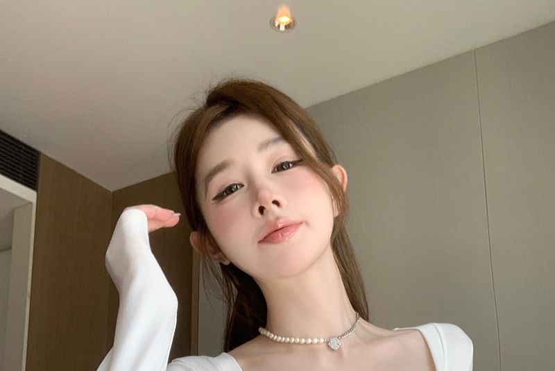 Shirred Crop Square-Neck Top Long-Sleeve Plain