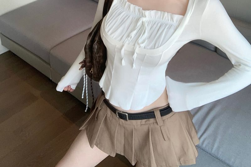 Shirred Crop Square-Neck Top Long-Sleeve Plain