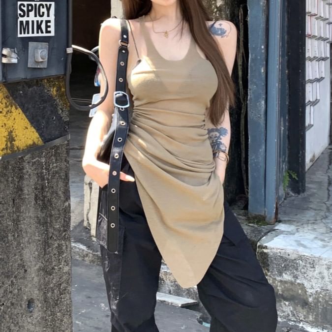 U-Neck Asymmetrical Top Plain Sleeveless