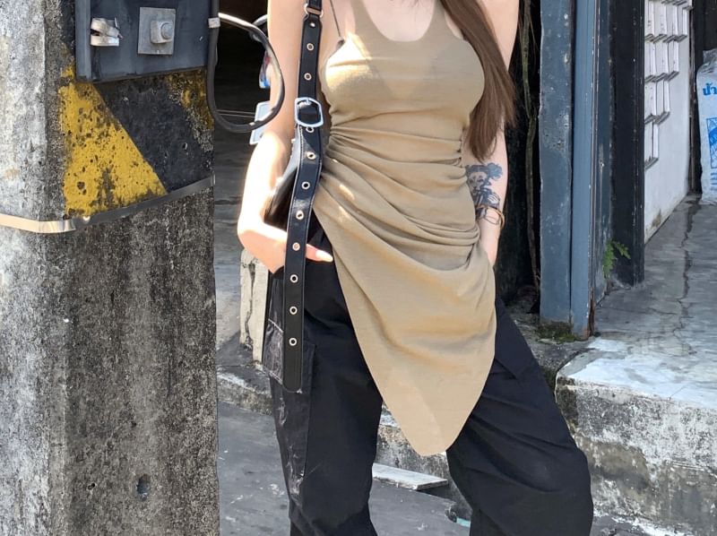 U-Neck Asymmetrical Top Plain Sleeveless