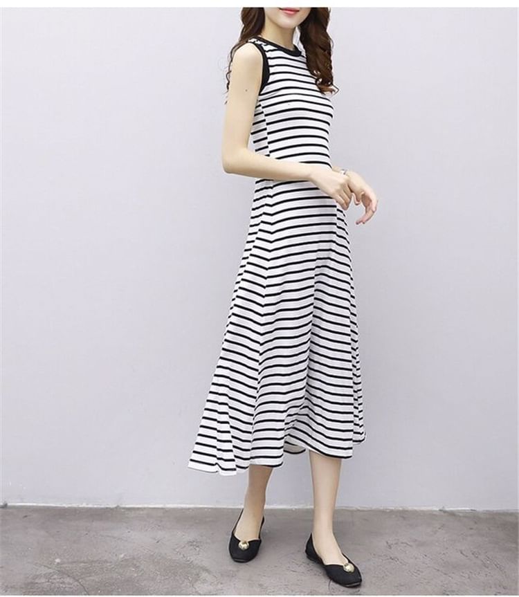 Tank Midi Neck Striped Dress A-Line Crew