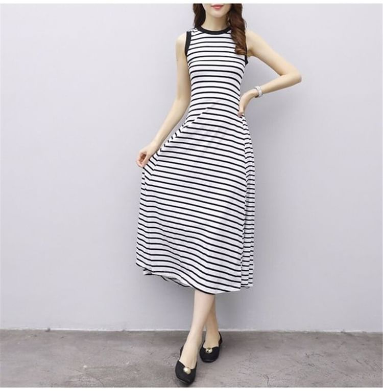 Tank Midi Neck Striped Dress A-Line Crew