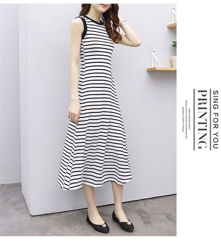 Tank Midi Neck Striped Dress A-Line Crew