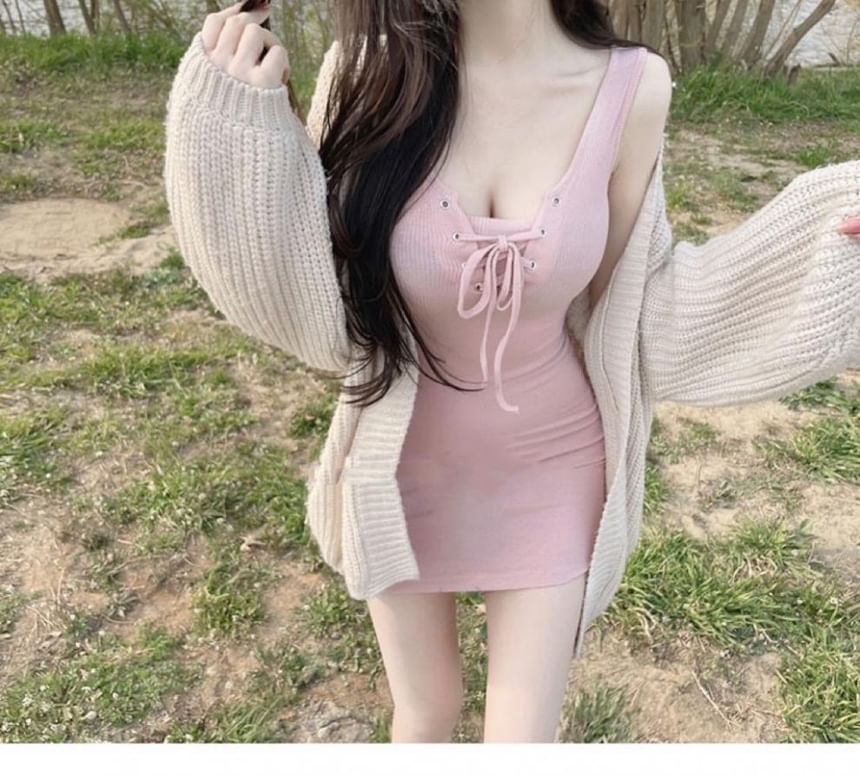 Lace-Up Dress Sleeveless Bodycon Mini Plain