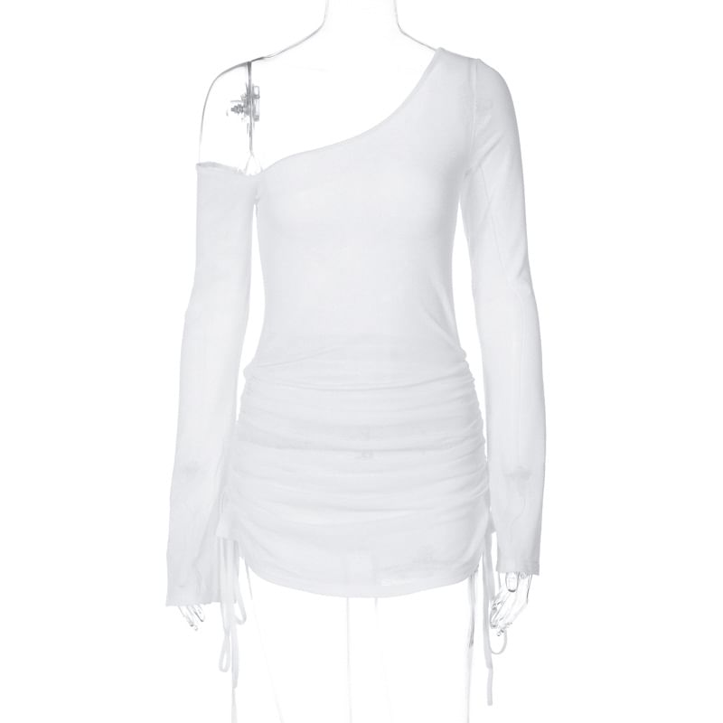 Tee One-Shoulder Sheer Drawstring Long-Sleeve Plain