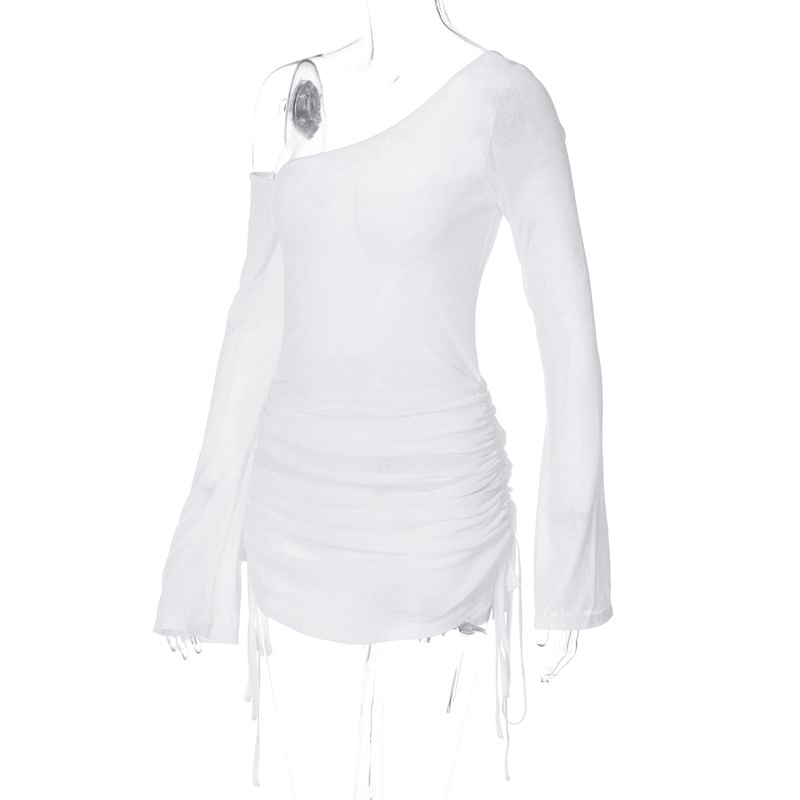 Tee One-Shoulder Sheer Drawstring Long-Sleeve Plain