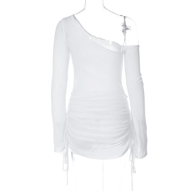 Tee One-Shoulder Sheer Drawstring Long-Sleeve Plain