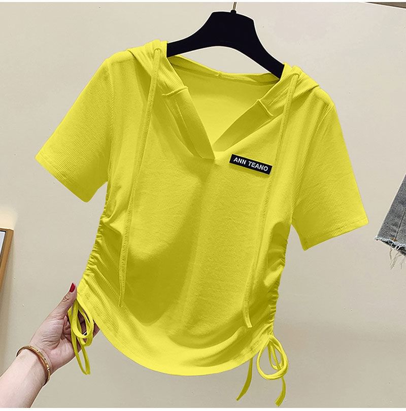 Lettering Tee Short-Sleeve V-Neck Drawstring