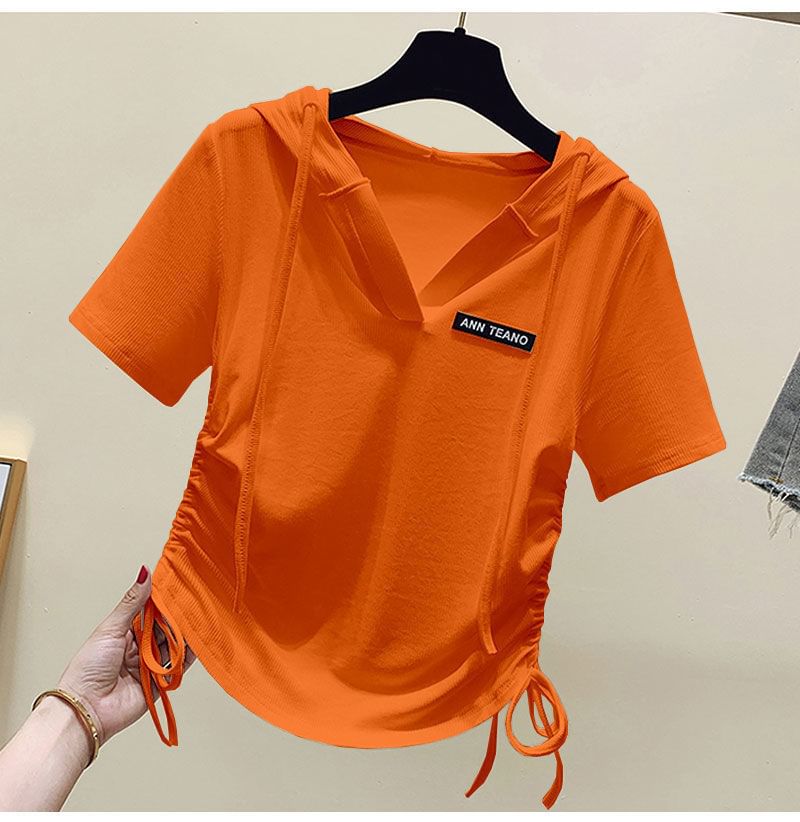 Lettering Tee Short-Sleeve V-Neck Drawstring