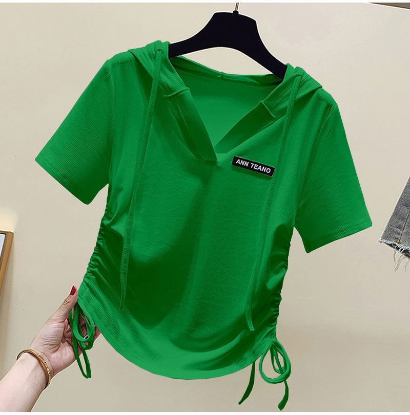 Lettering Tee Short-Sleeve V-Neck Drawstring