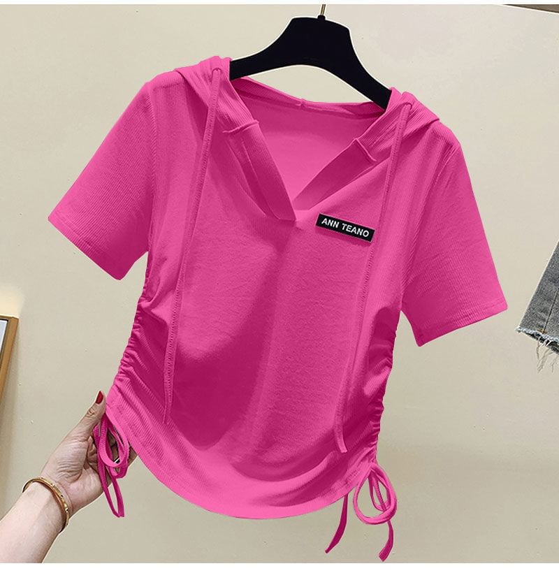 Lettering Tee Short-Sleeve V-Neck Drawstring