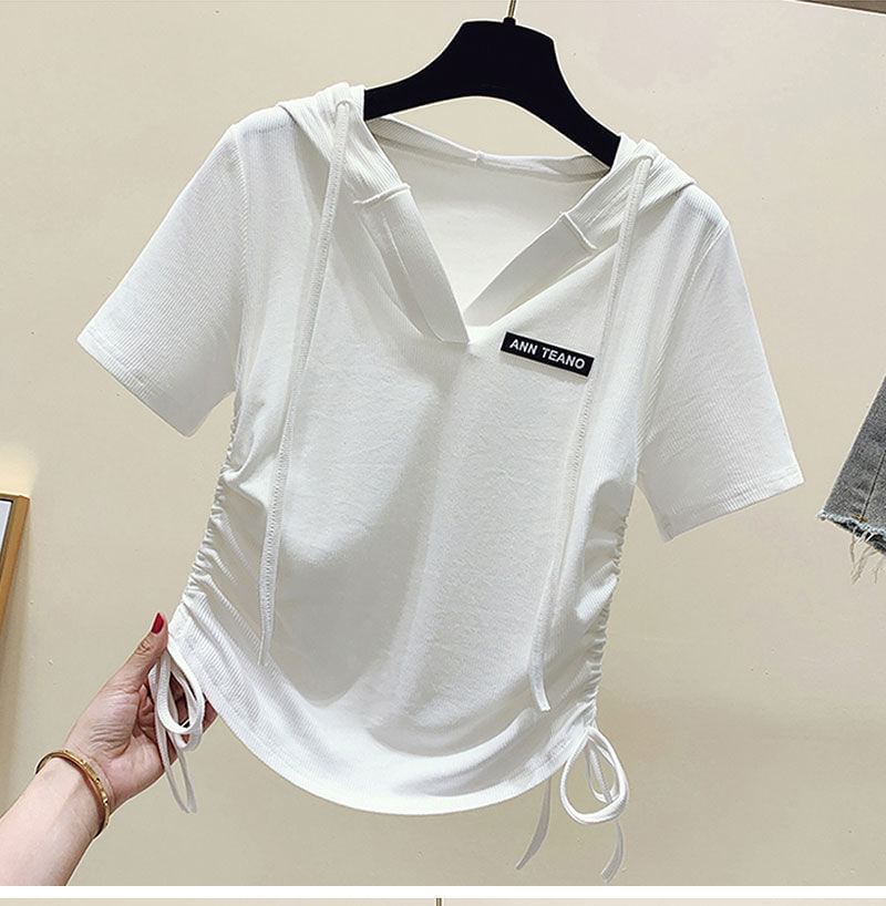 Lettering Tee Short-Sleeve V-Neck Drawstring