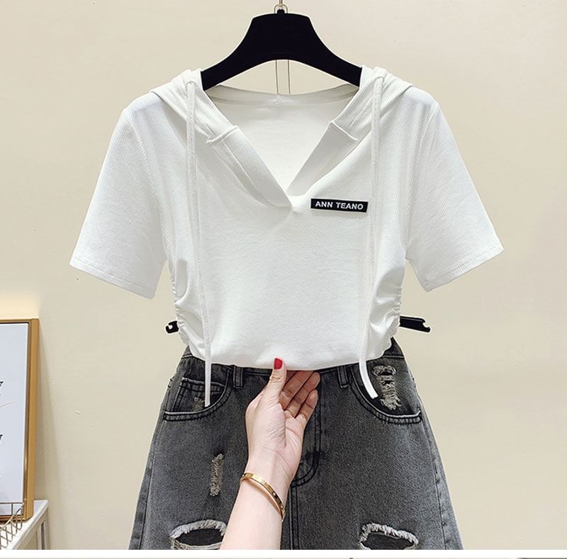 Lettering Tee Short-Sleeve V-Neck Drawstring