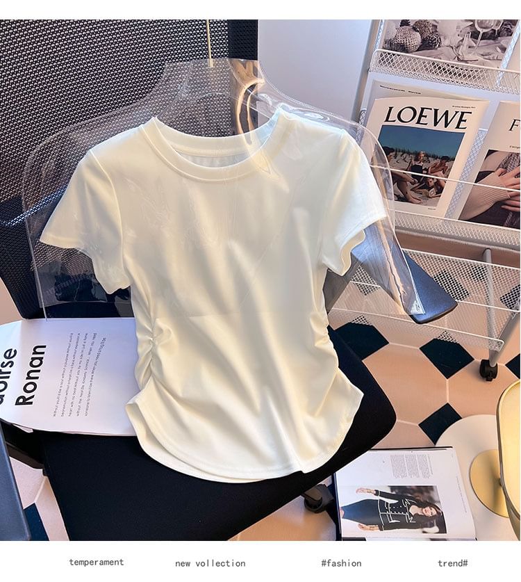 Short-Sleeve Tee Neck Plain Round Ruched