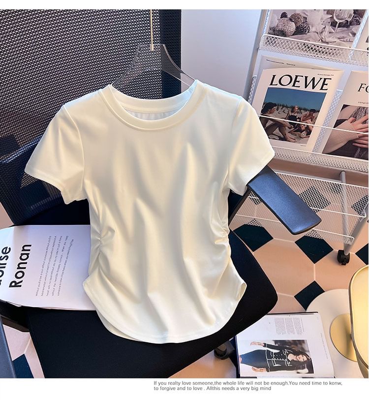 Short-Sleeve Tee Neck Plain Round Ruched