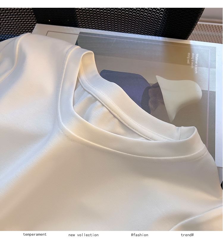 Short-Sleeve Tee Neck Plain Round Ruched