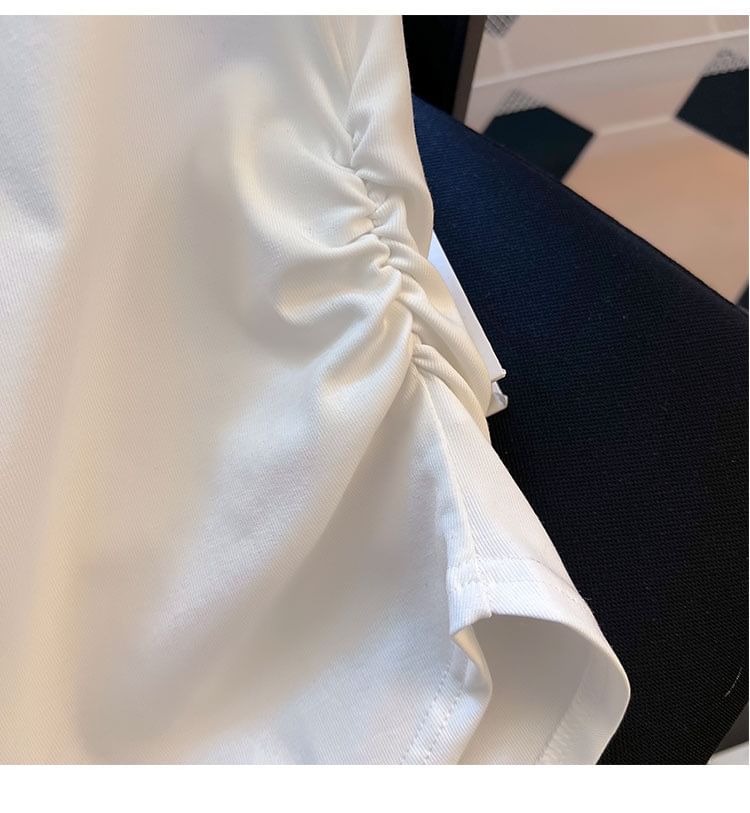 Short-Sleeve Tee Neck Plain Round Ruched