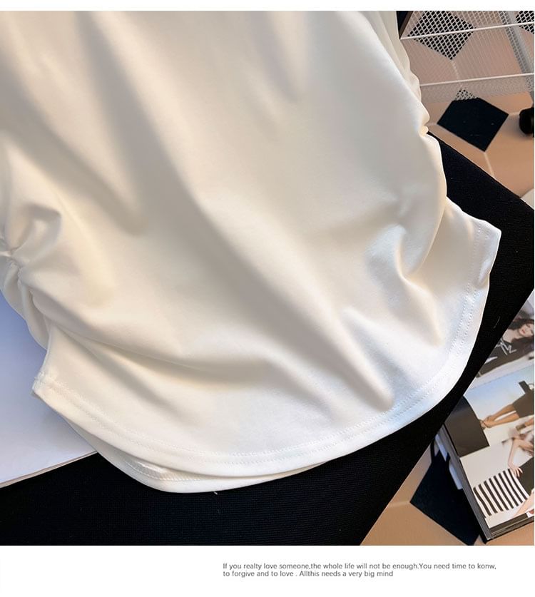 Short-Sleeve Tee Neck Plain Round Ruched