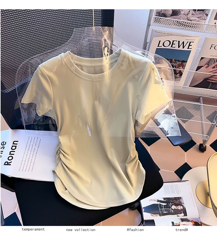Short-Sleeve Tee Neck Plain Round Ruched