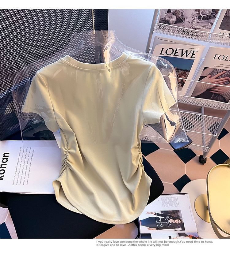 Short-Sleeve Tee Neck Plain Round Ruched