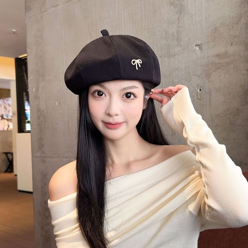 Bow Pearl Faux Rhinestone Beret