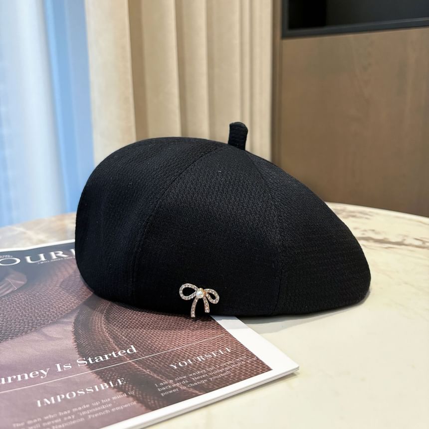 Bow Pearl Faux Rhinestone Beret
