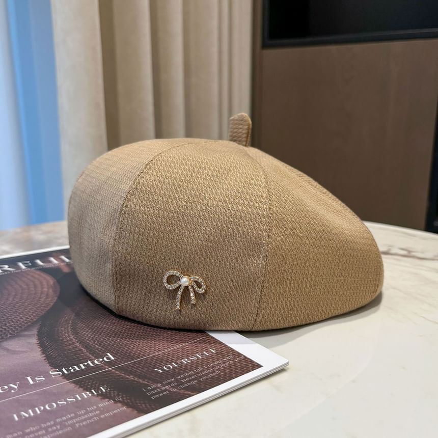 Bow Pearl Faux Rhinestone Beret