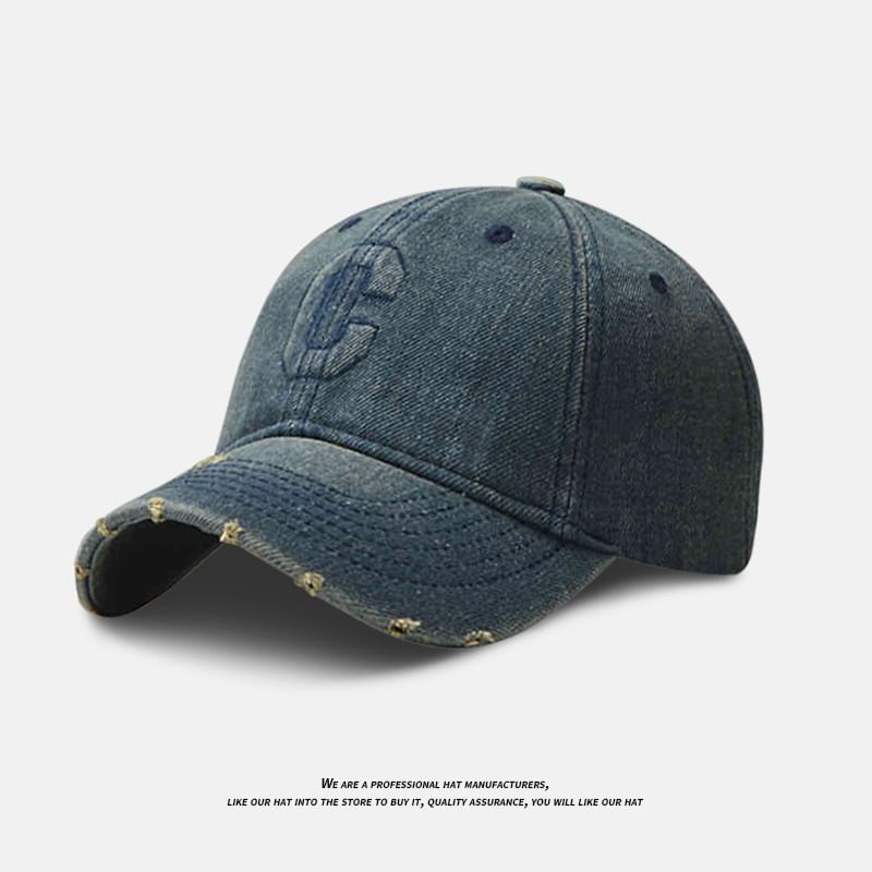 Lettering Cap Denim Baseball Distressed Washed Embroidered
