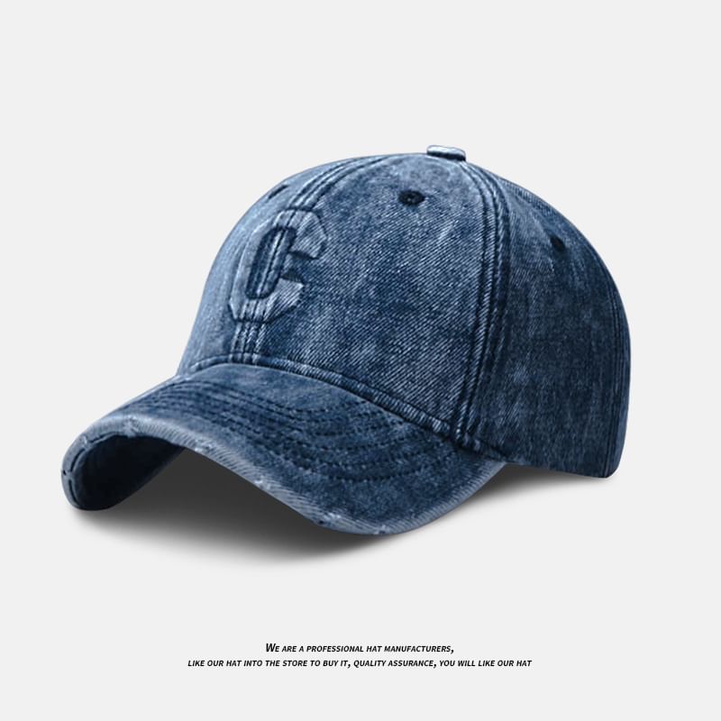 Lettering Cap Denim Baseball Distressed Washed Embroidered