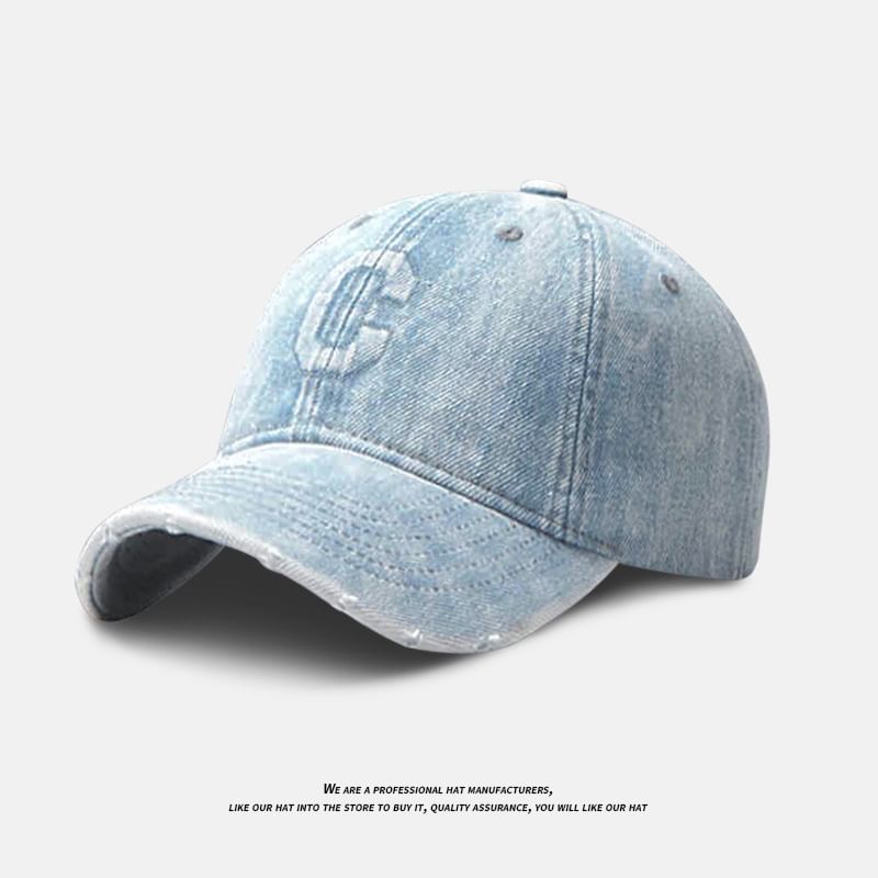 Lettering Cap Denim Baseball Distressed Washed Embroidered