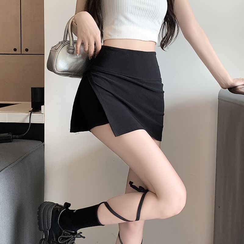 Skort Plain Slit High Waist Mini