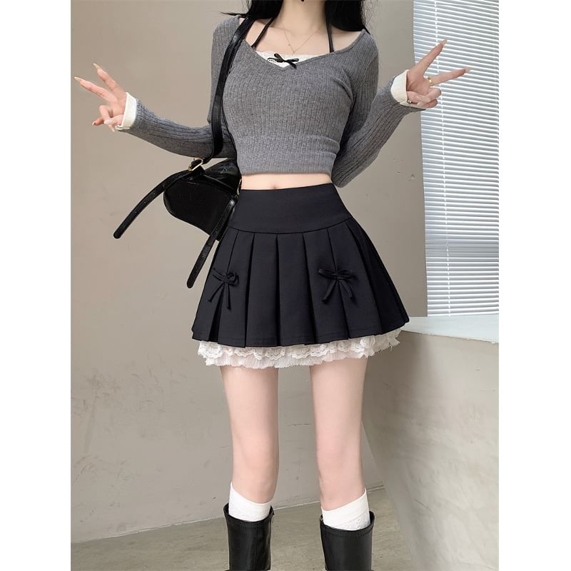 Lace Mini Panel Bow High A-Line Pleated Waist Skirt