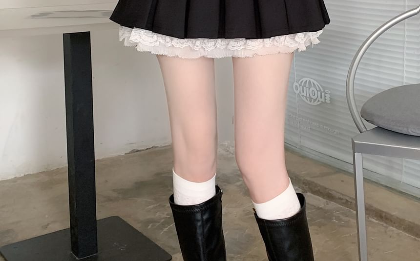 Lace Mini Panel Bow High A-Line Pleated Waist Skirt